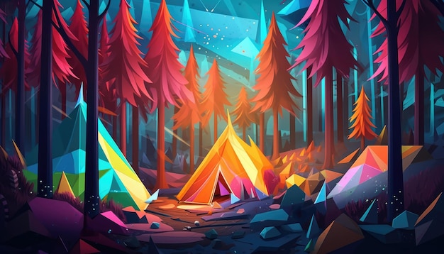 Uma tenda colorida na floresta com o sol a brilhar.
