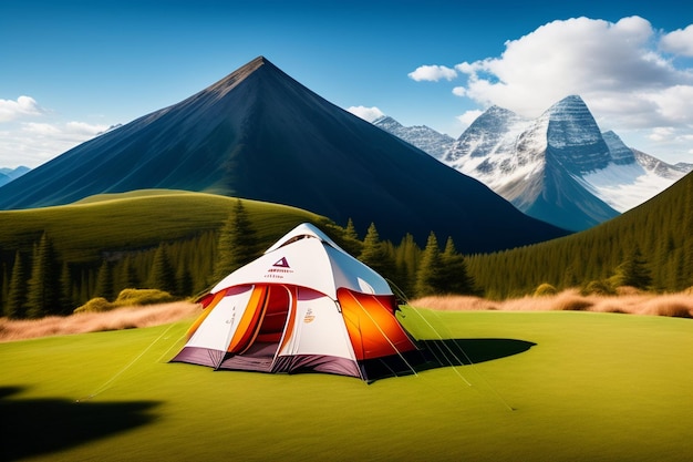 Uma tenda com montanhas ao fundo