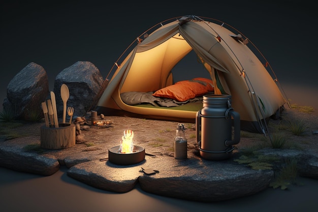 Uma tenda com uma fogueira e uma fogueira.