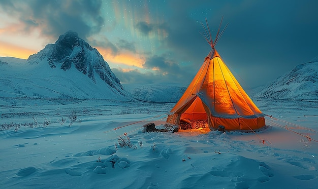uma tenda com uma montanha ao fundo