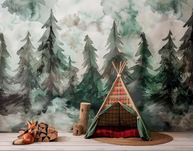 uma tenda com uma tenda e uma cabana de madeira na mesa