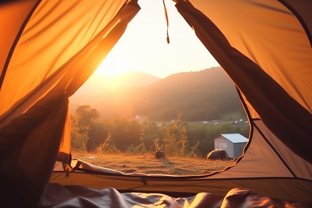 Uma tenda com vista para as montanhas ao fundo