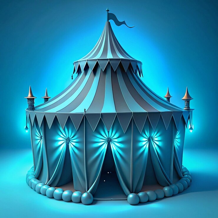 Foto uma tenda de circo azul e branca com um fundo azul