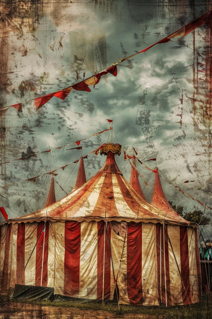 Foto uma tenda de circo colorida com bandeiras ondeando no céu, perfeita para uso em materiais ou ilustrações promocionais