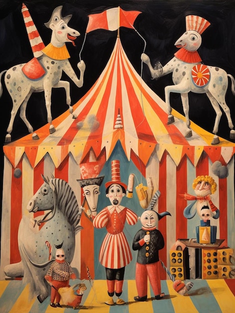 Uma tenda de circo com um cavalo e um cavalo nela