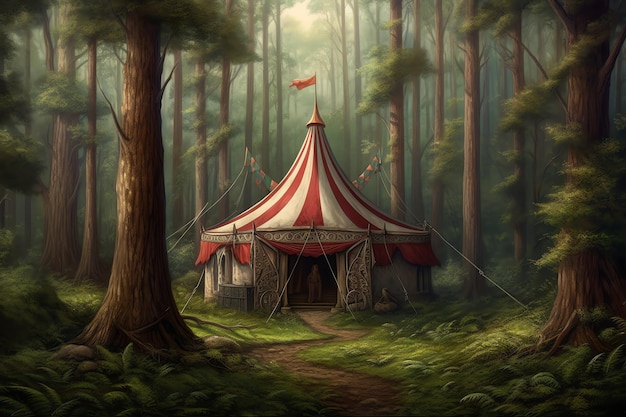 Uma tenda de circo em uma floresta com árvores e uma placa que diz 'circo'