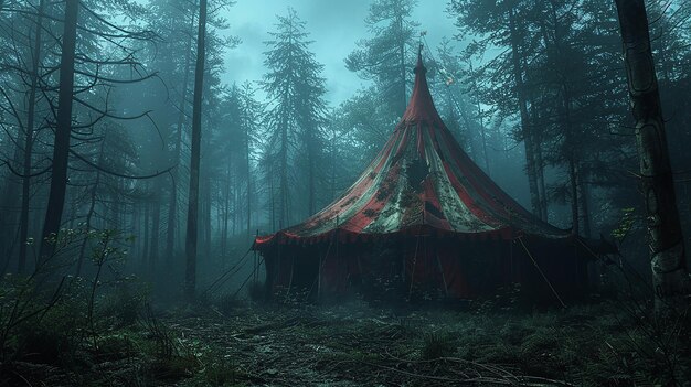 Foto uma tenda de circo na floresta com a lua ao fundo