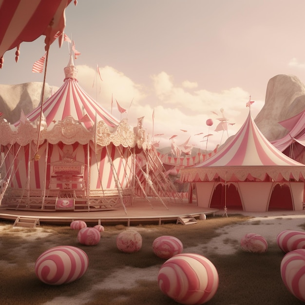 Foto uma tenda de circo rosa e branca com telhado listrado rosa e branco.