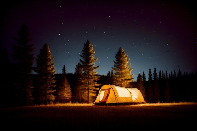 Uma tenda em um campo com as estrelas ao fundo.