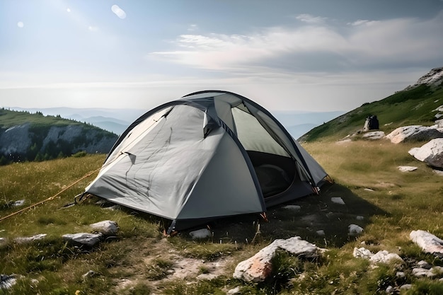 Uma tenda em uma paisagem de montanha com uma vista para a montanha.