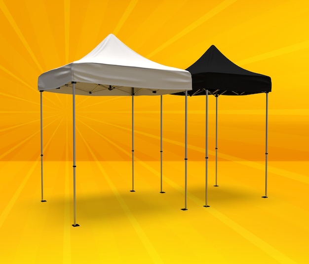 Uma tenda gazebo de 2 metros e uma de 1,5 metros em preto e branco em um fundo laranja colorido, ilustração 3d renderizada.