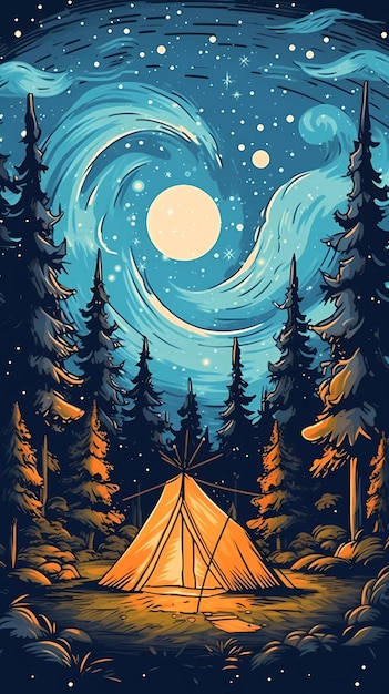 Uma tenda na floresta com a lua ao fundo