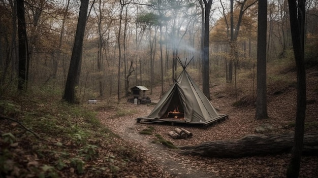 Uma tenda na floresta com uma fogueira em primeiro plano