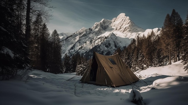 Uma tenda na neve com a montanha ao fundo