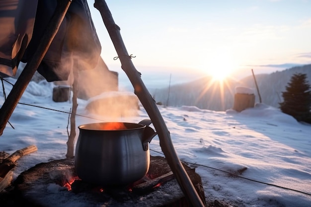 Uma tenda nas montanhas nevadas com fogo e uma panela de onde sai vapor de alimentos gerados por IA