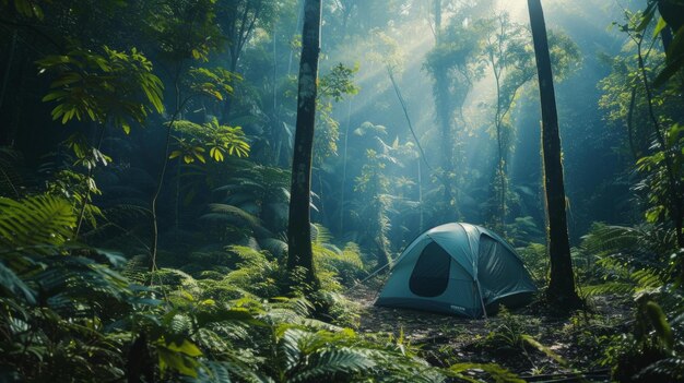 uma tenda no meio da floresta paisagens exóticas floresta verde exuberante árvores antigas perspectiva atmosférica AI generativa