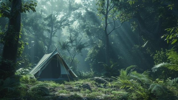 uma tenda no meio da floresta paisagens exóticas floresta verde exuberante árvores antigas perspectiva atmosférica AI generativa