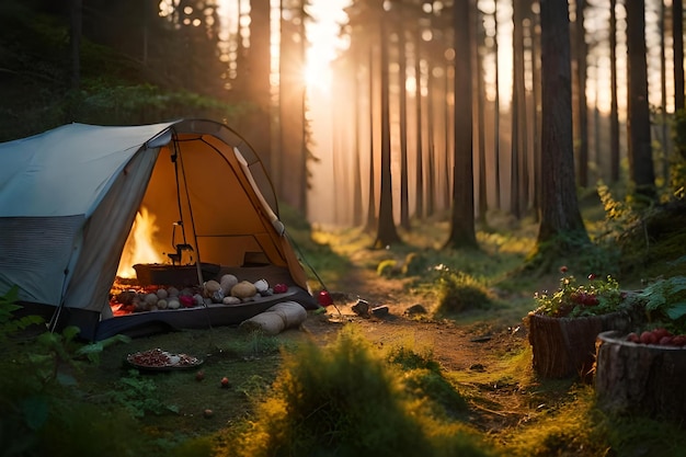 Uma tenda numa floresta com o sol a pôr-se atrás dela.