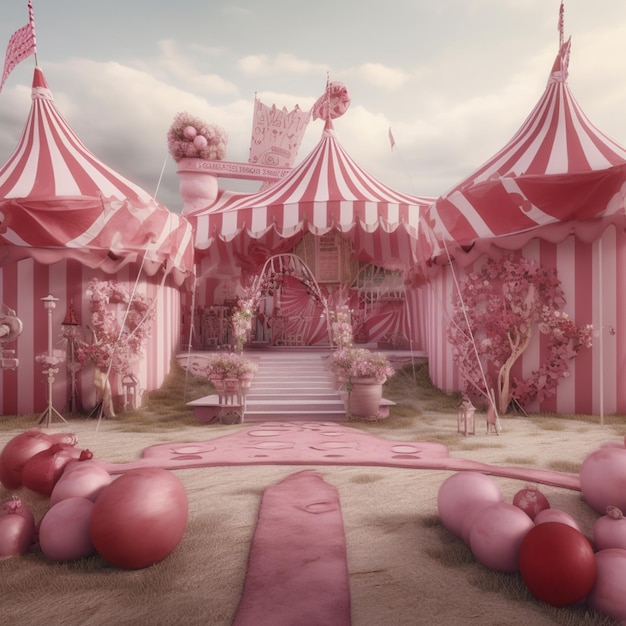 Foto uma tenda rosa e branca com um telhado listrado vermelho e branco e uma tenda listrada vermelha e branca com uma bola rosa e uma tenda listrada vermelha e branca.