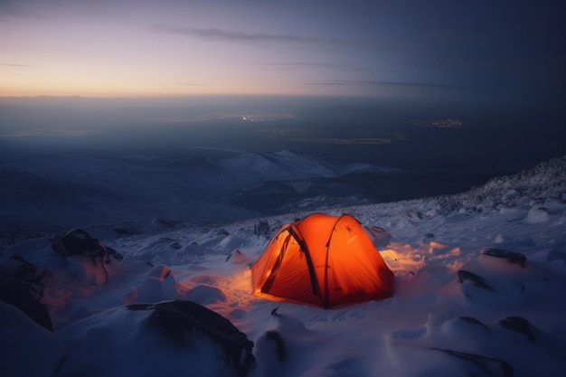 Uma tenda sob o céu estrelado numa noite fria de inverno