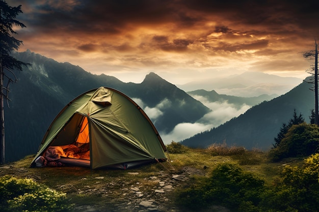 Uma tenda turística está nas montanhas