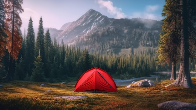 Foto uma tenda vermelha em um campo com uma montanha ao fundo