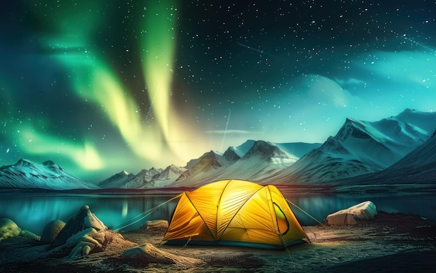 Uma tenda vibrante brilha sob a hipnotizante Aurora Boreal
