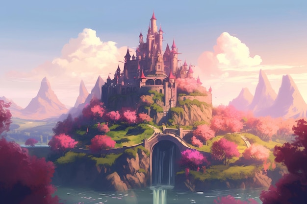 Uma terra mágica, romântica e florescente com magnífico castelo generativo ai