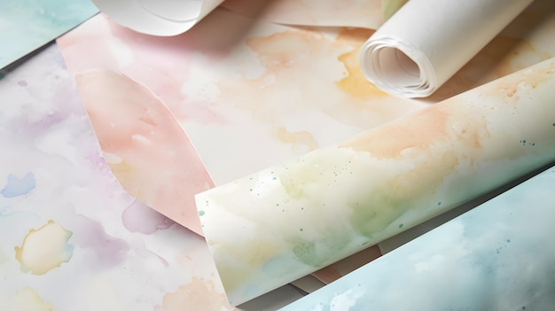 Uma textura de papel aquarela com cores pastéis suaves e um toque de respingos de tinta Generative AI