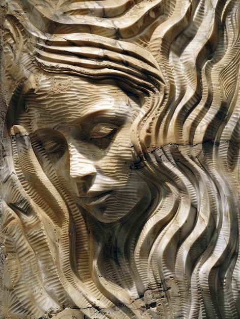 uma textura de parede ondulada esculpida com o rosto de olhos fechados fêmea
