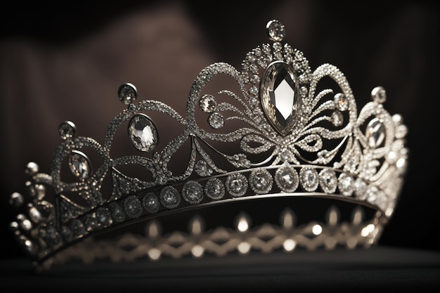 Uma tiara com diamantes e diamantes é exibida em um fundo escuro.