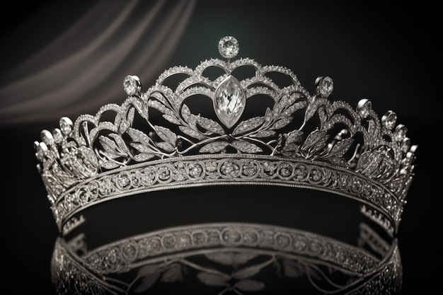 Uma tiara com um diamante está sobre um fundo preto.