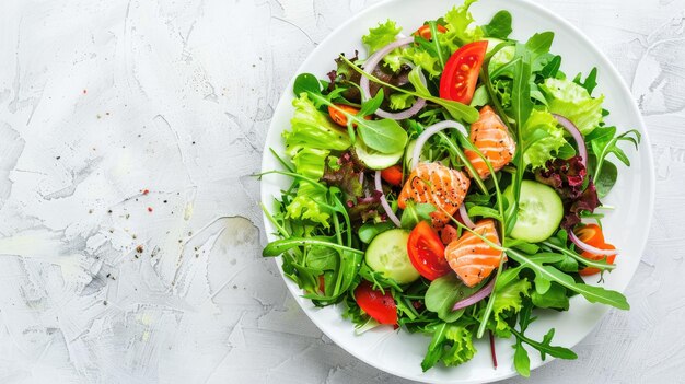 Uma tigela branca cheia de uma salada colorida de salmão e legumes crocantes
