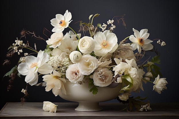 uma tigela branca com flores em uma mesa