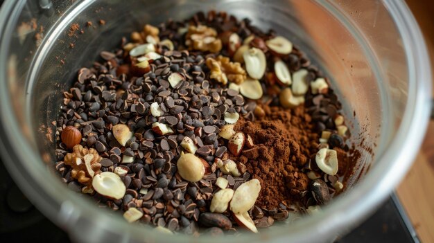 Uma tigela cheia de chocolate e nozes fica em cima de um fogão pronta para ser derretida e misturada para uma