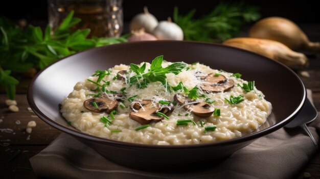 Uma tigela cheia de cogumelos riso e salsa criando uma refeição deliciosa e saudável