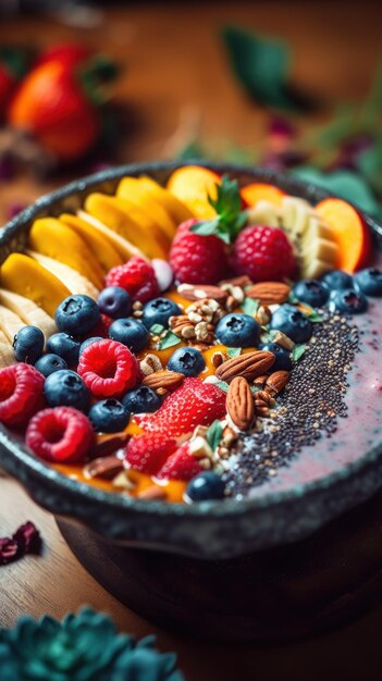 Uma tigela cheia de frutas e nozes em cima de uma mesa de madeira Imagem generativa de IA