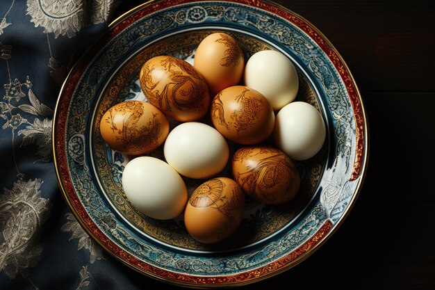 Uma tigela cheia de ovos castanhos e brancos