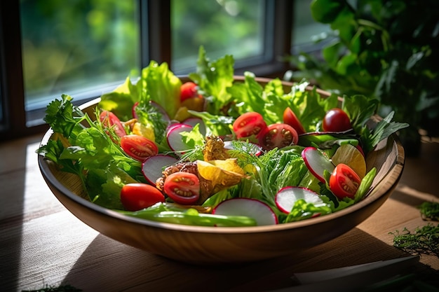 Uma tigela cheia de salada de jardim deliciosa.