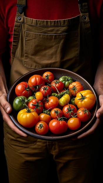 Uma tigela cheia de tomates à mão