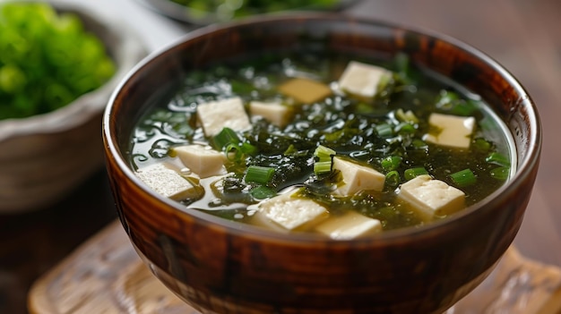 Uma tigela clássica de sopa de miso com tofu e algas flutuando em um caldo saboroso