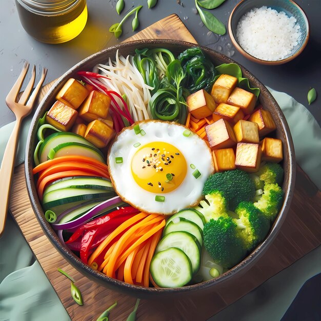 Foto uma tigela colorida de bibimbap feita de legumes e tofu crocante coberto com um ovo frito