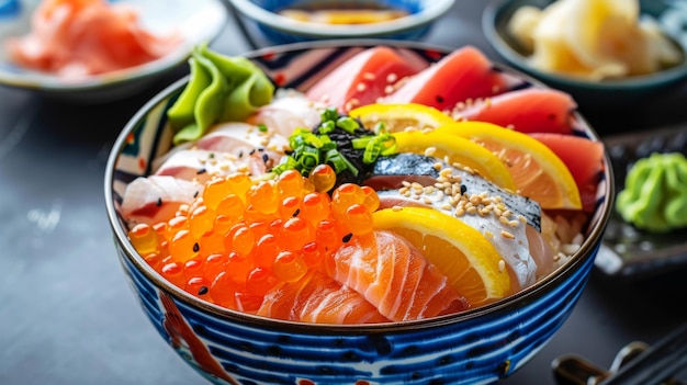 Foto uma tigela colorida de chirashi sushi coberta com fatias frescas de peixe, frutos do mar e tamago