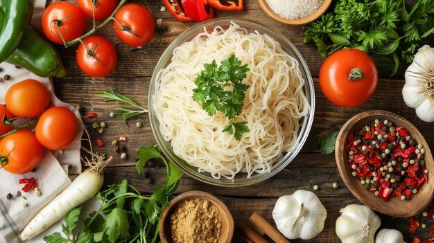 Foto uma tigela com deliciosos macarrão shirataki e ingredientes em uma mesa de madeira.