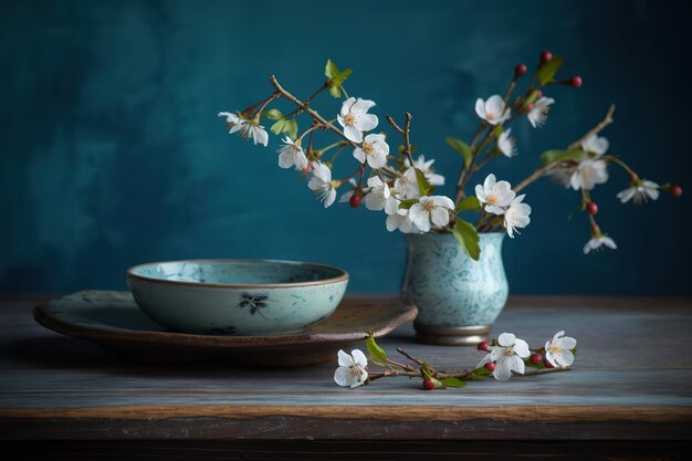 Uma tigela com flores de cerejeira está sobre uma mesa com uma tigela com flores de cerejeira.