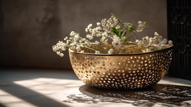 Uma tigela com flores está sobre uma mesa.