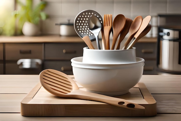 Uma tigela com utensílios de cozinha está sobre uma tábua de corte.