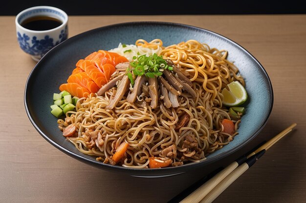 Uma tigela com yakisoba e hashi