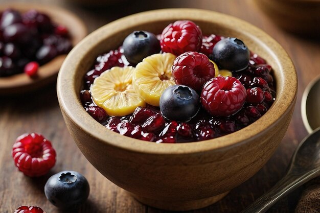 Foto uma tigela de açaí coberta de cranberries secos