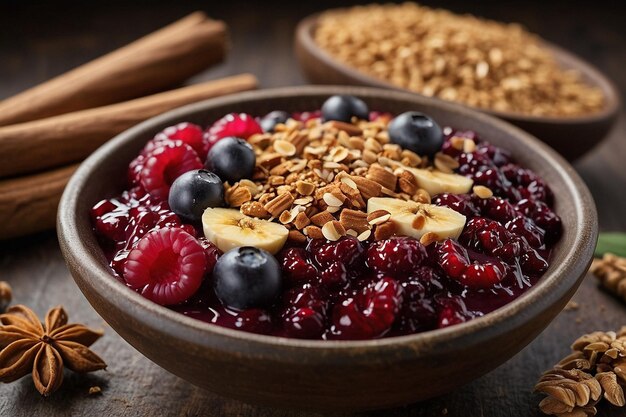 Foto uma tigela de açaí com canela e cranberries secos